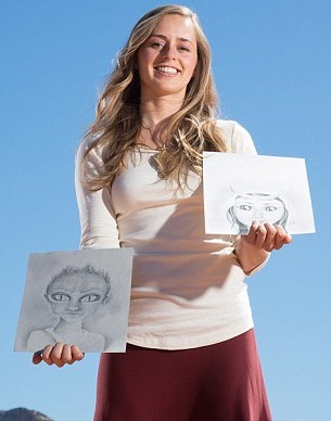 (Bridget Nielsen with her hand sketch alien babies)